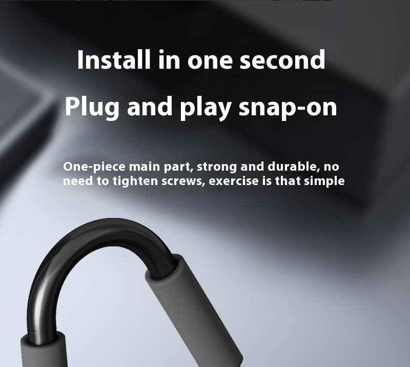 Close-up of a black and gray snap-on lock or latch component with marketing text reading 'Install in one second Plug and play snap-on' and 'One-piece main part, strong and durable, no need to tighten screws, exercise is that simple' on a dark gradient background.