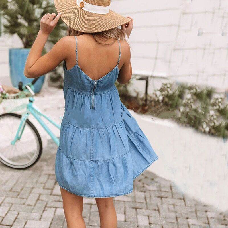 Sleeveless Suspender Casual Denim Loose flared Beach Dress - EX-STOCK Canada