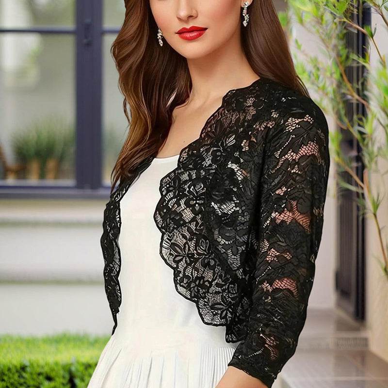 Women's Solid Color Cropped Lace Cardigan - Summer Fashion Medium-Long Sleeve Open Front Top - EX-STOCK Canada