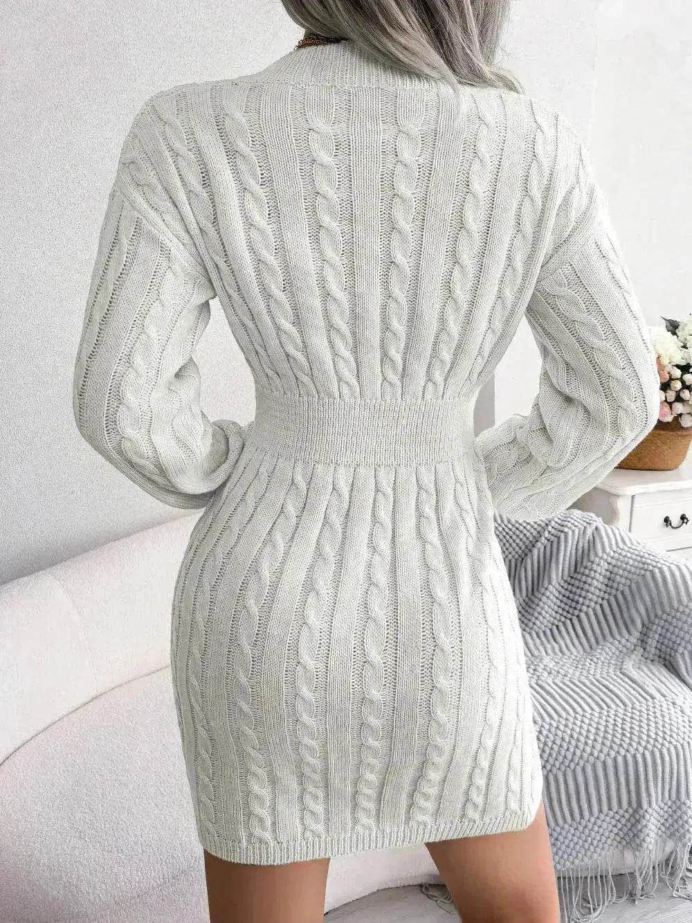 Solid Color V-Neck Long Sleeve Slim fit Winter Knit Mini sweater Dress Slim - EX-STOCK Canada