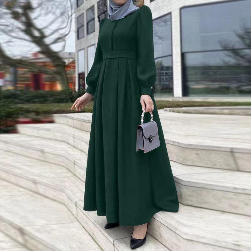 Abito Lungo Musulmano Casual Liscio a Colore Unito con Cintura e Cerniera - EX-STOCK Canada