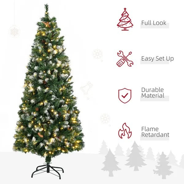 6' Decorated Christmas Trees, Skinny Prelit Artificial Christmas Tree With Snow-dipped Branches, Auto Open, Pinecones EX-STOCK Canada