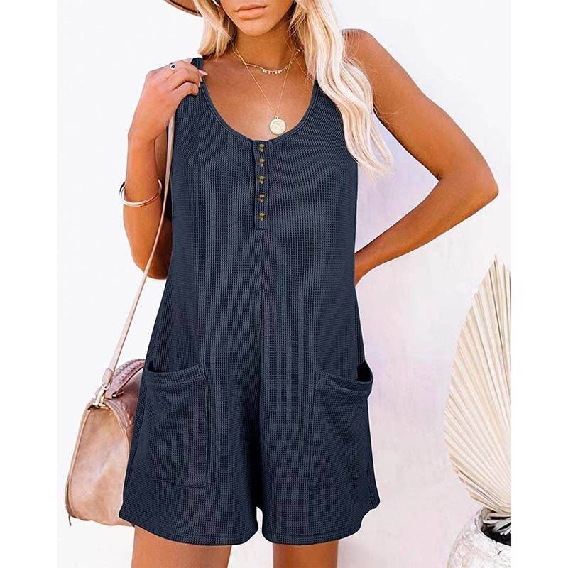Women's Button Front Romper Jumpsuit With Pockets Casual Solid Color Sleeveless Summer Jumpsuit - EX-STOCK Canada