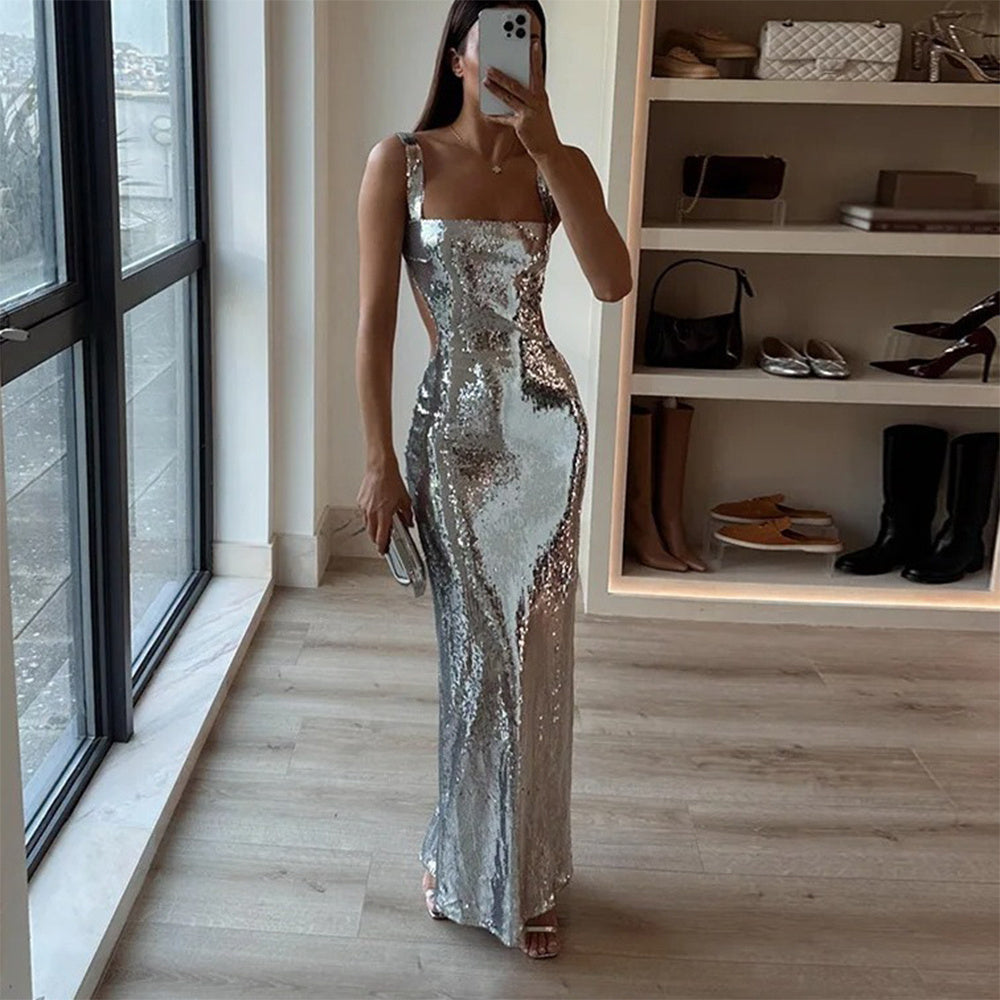 2024 Woman Fashion French High Feeling Silver Sequins Halter Sheath Dress Light Luxury Dinner Year Sexy Long Dresses EX-STOCK Canada