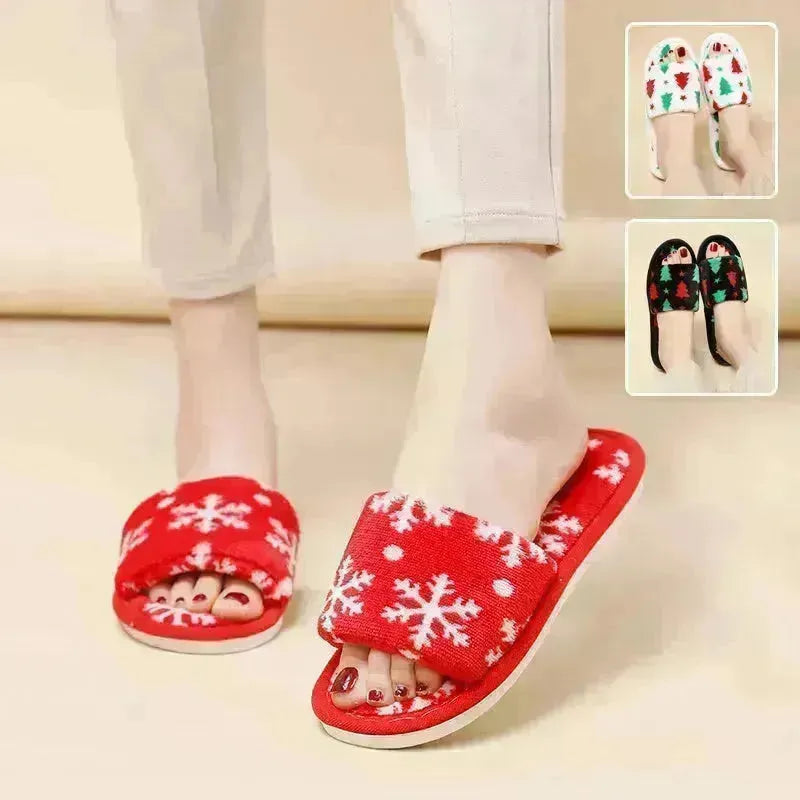 Pantoufles de maison d'arbre de Noël chambre à coucher à terre ouverte les pantoufles en peluche pour femmes chaussures de maison floue