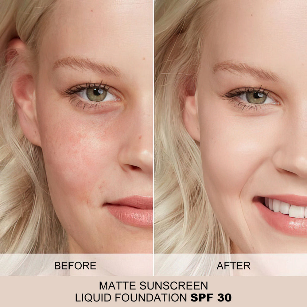 Before and after comparison of a woman's face with matte sunscreen liquid foundation SPF 30.