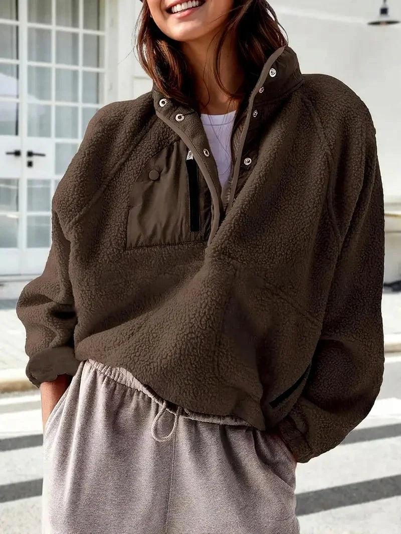 Women's Fashion Sweatshirt Fleece Stand Collar Zipper Pocket Top EX-STOCK Canada