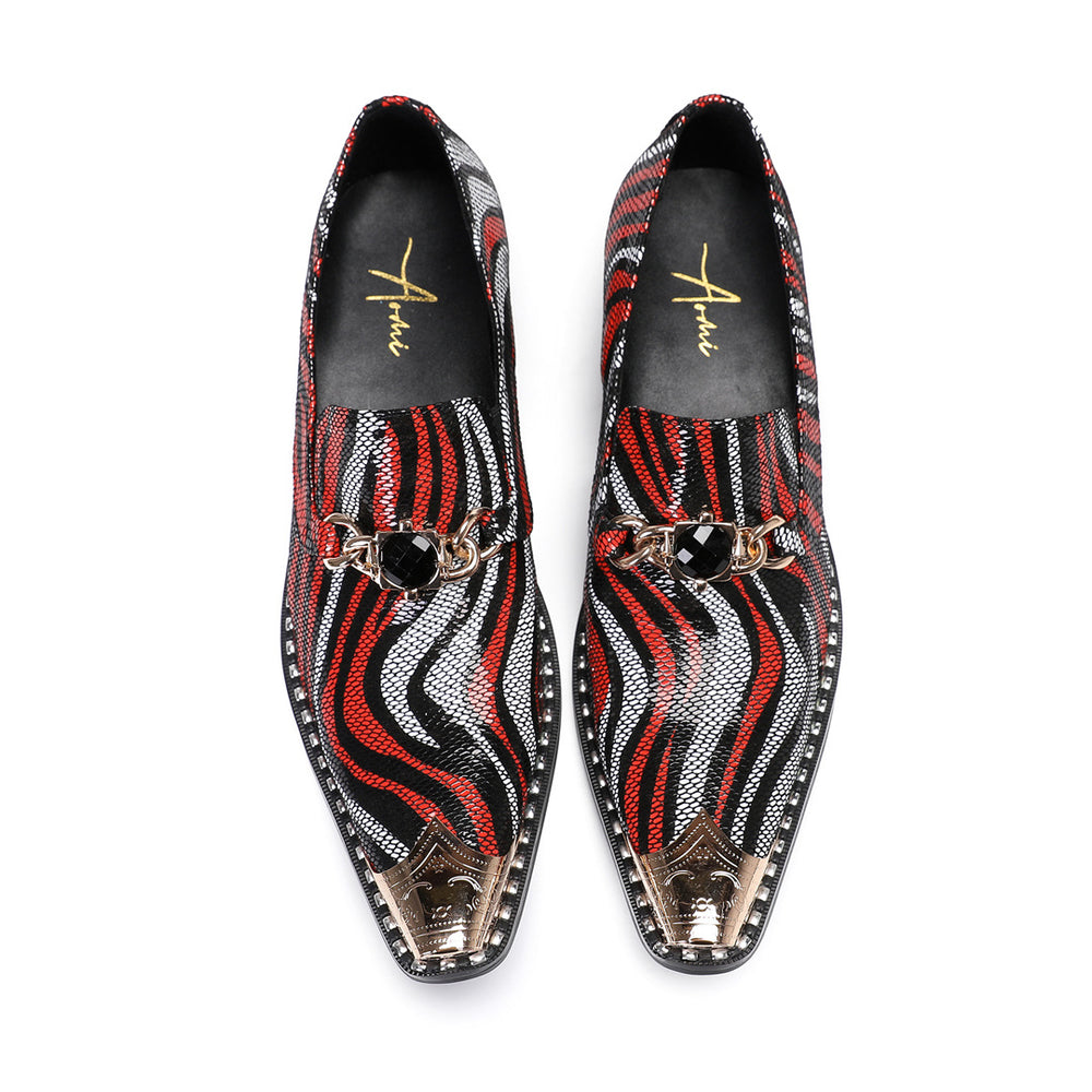 Pair of red, black, and white patterned loafers with gold accents on a white background.