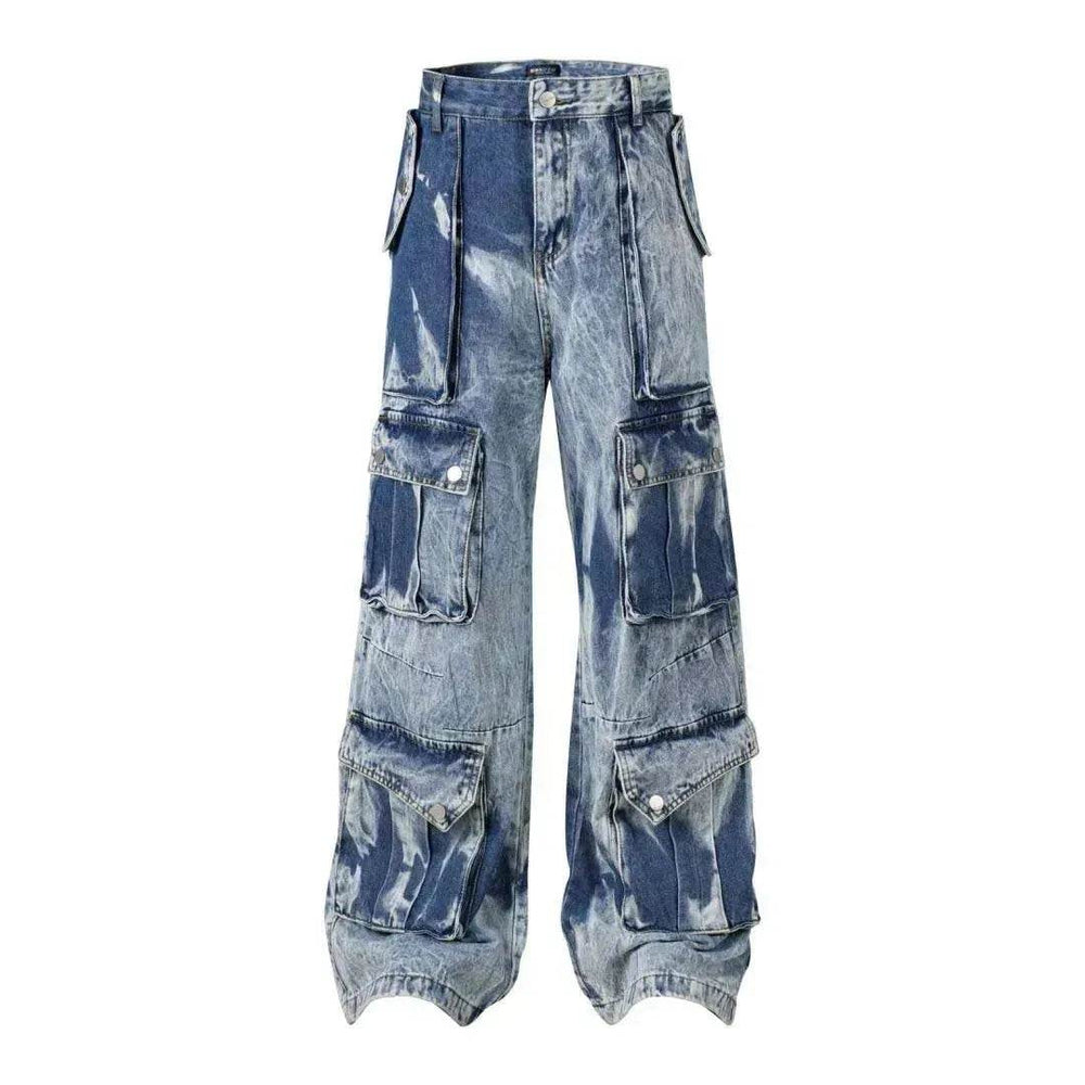 Street Retro Washed Distressed Tie-dye Multi-pocket Denim Trouser Unisex Baggy Cargo Denim Jeans Pants - EX-STOCK Canada