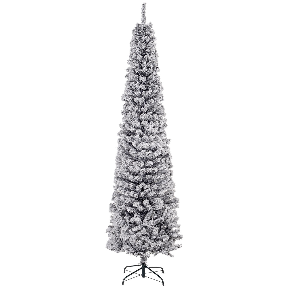 7.5ft Flocked Christmas Tree, Pencil Christmas Tree With Realistic Branch Tips, Folding Metal Stand, Black EX-STOCK Canada