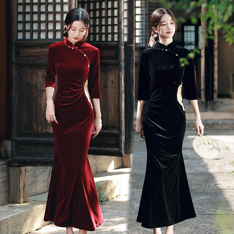 Robe Slim améliorée en velours brodé de style chinoisEX-STOCK Canada