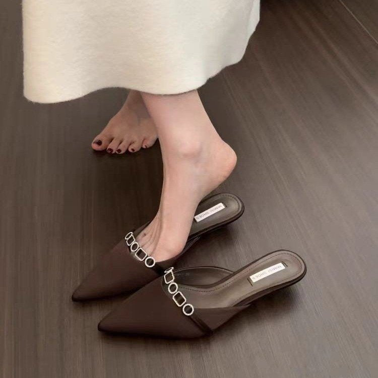 Women's French Style Satin Slide Sandals, Sparkling Rhinestone Embellished Pointed Toe Low Heel Slip-On Mules, 2025 Summer New Collection, High-end Outdoor Wear