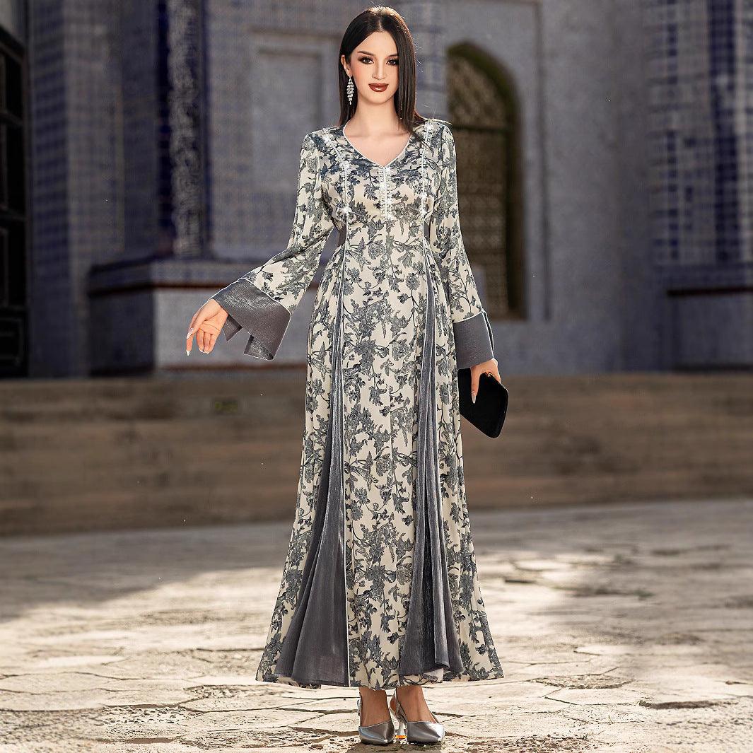 V-neck Satin Printed Muslim Dress - EX-STOCK Canada