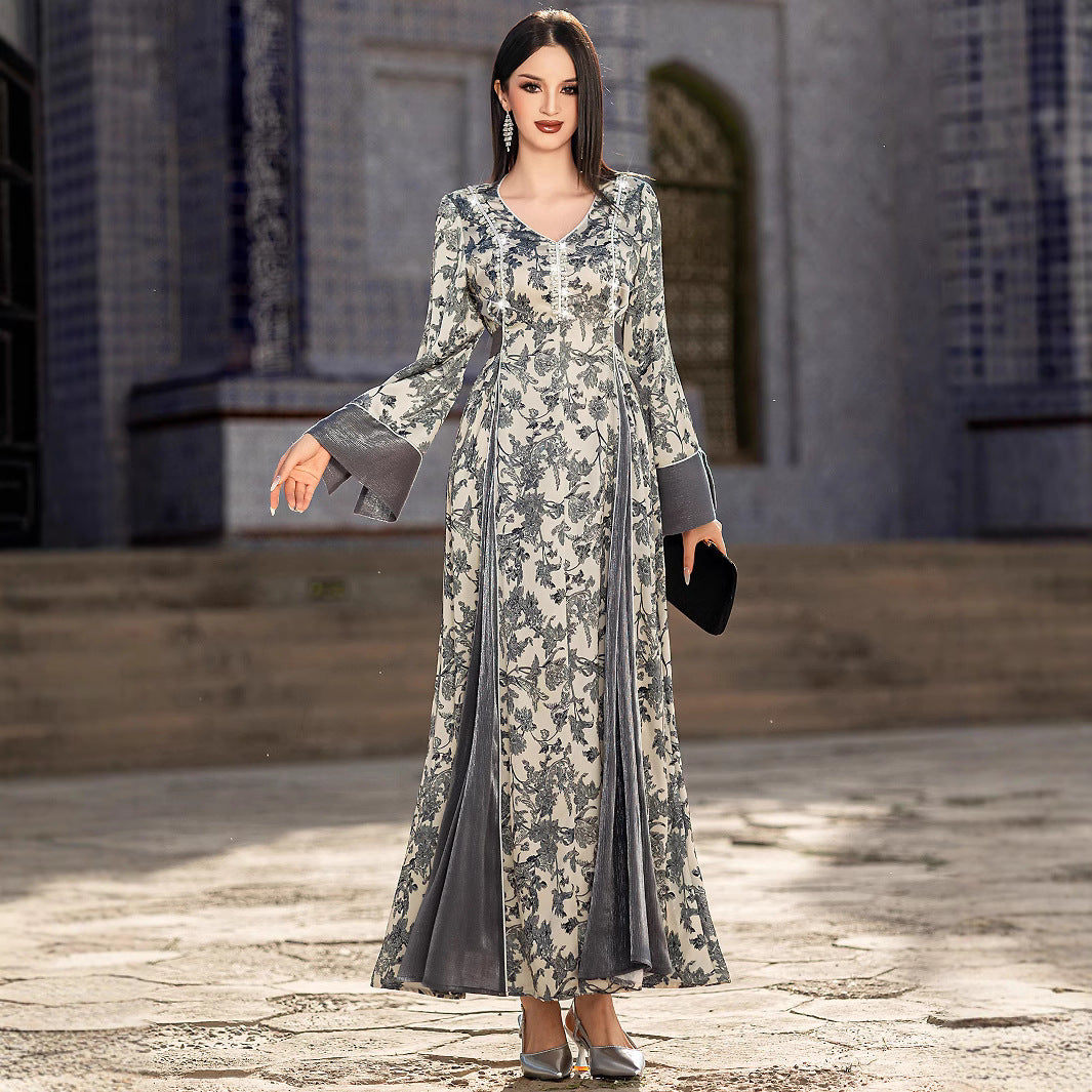 V-neck Satin Printed Muslim Dress - EX-STOCK Canada