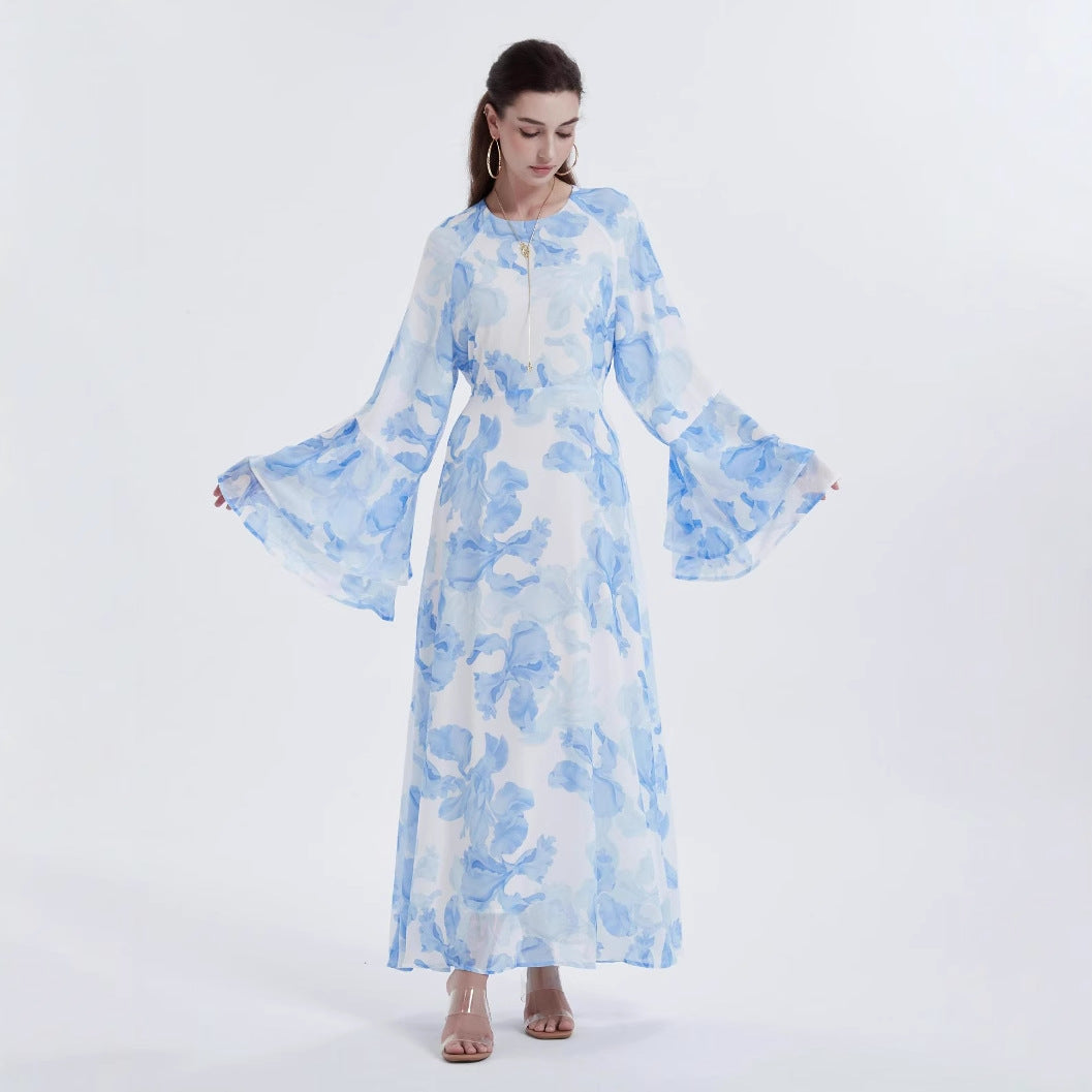 Muslim Chiffon Printed Bell Sleeve Dress - EX-STOCK Canada