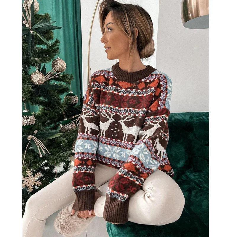 Pull à manches longues en jacquard à thème de Noël pour femmes, col rond, coupe ampleEX-STOCK Canada