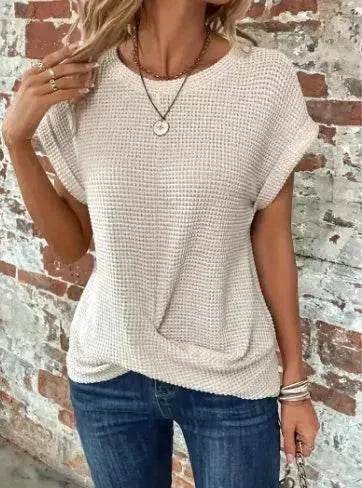 Casual Summer Short-sleeved Waffle blouse Top Summer New Solid Color Casual Evening Top For Women - EX-STOCK Canada
