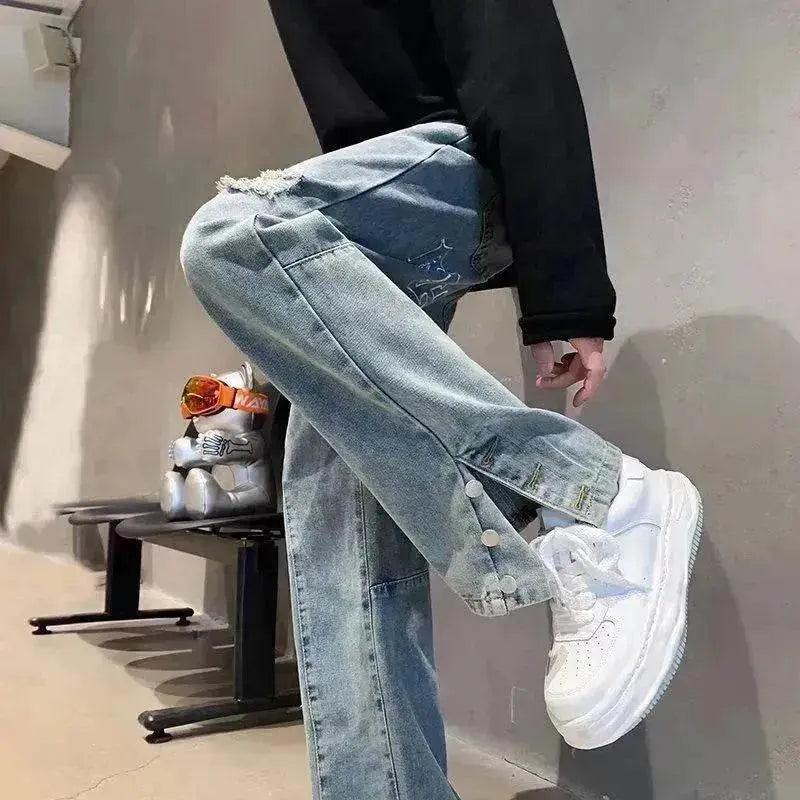 Jeans Ricamati con Lettere Americane Marca di Moda High Street Hip Hop Pantaloni a Gamba Dritta - EX-STOCK Canada