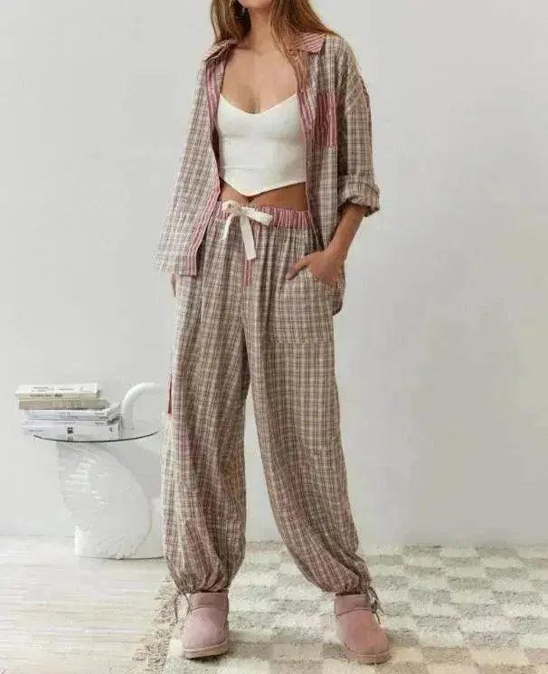 Autumn Women's Clothing Casual Homewear Plaid Shirt Outfit - EX-STOCK Canada