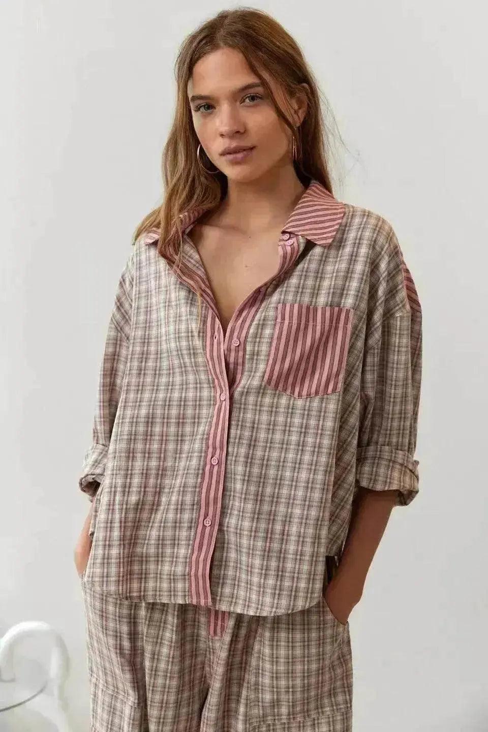 Autumn Women's Clothing Casual Homewear Plaid Shirt Outfit - EX-STOCK Canada