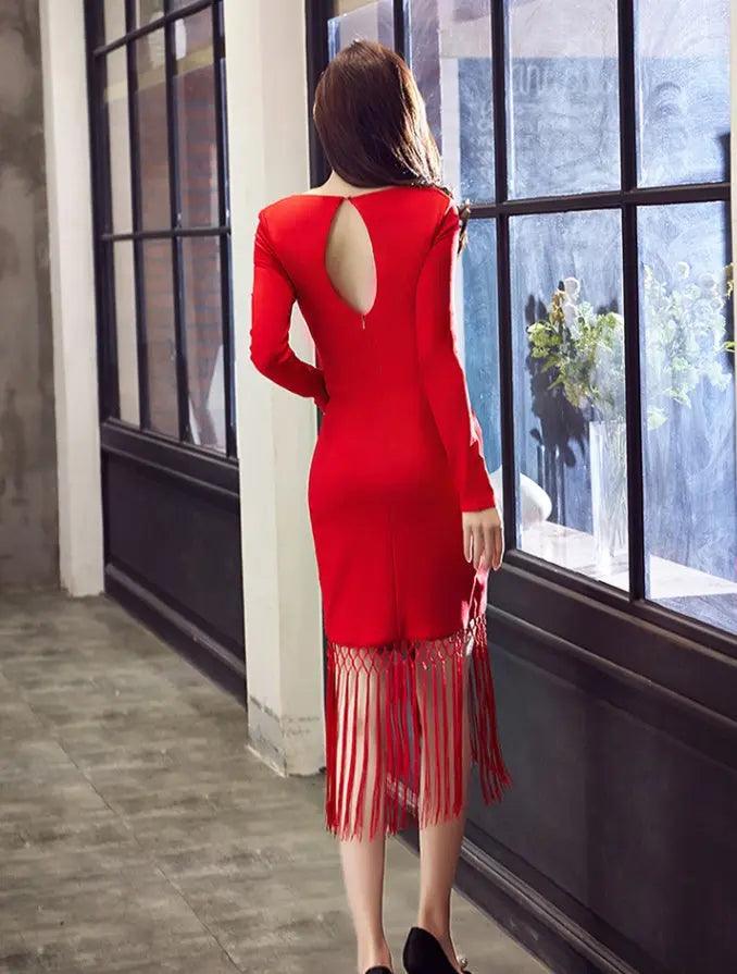 Autumn and winter women V-neck long-sleeved tassel bag hip slim slimming dress - EX-STOCK Canada