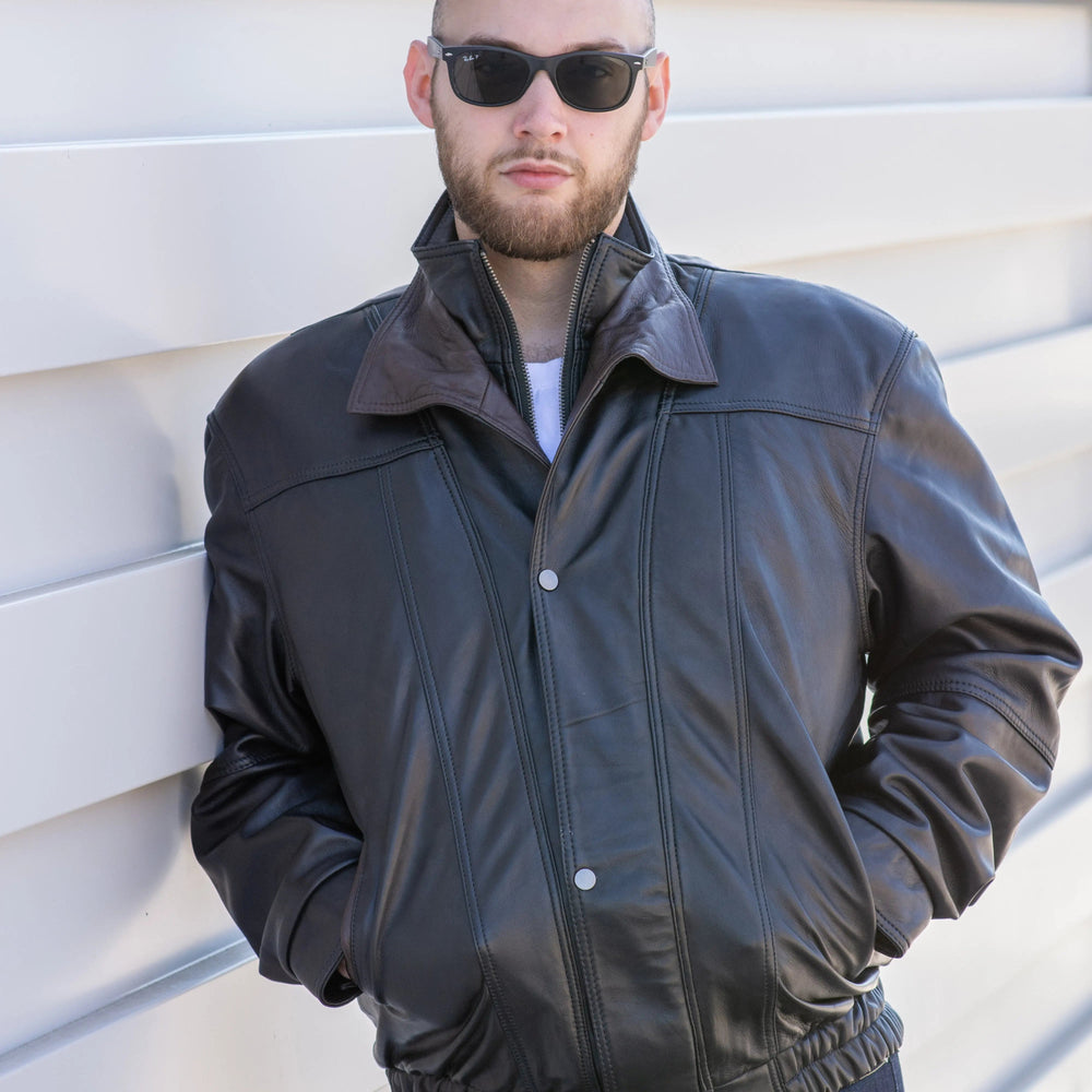 BOL Herren Leder-Bomberjacke mit doppeltem Kragen