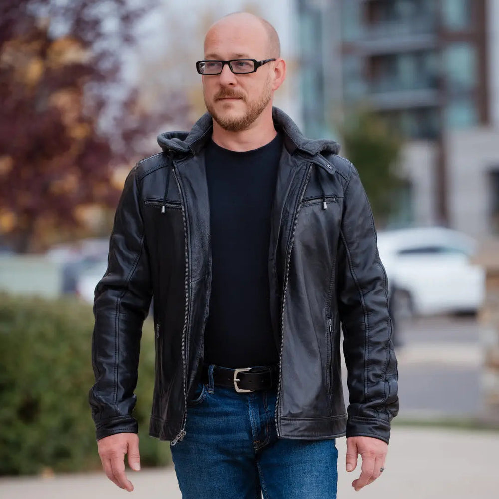 BOL Men's Hooded Snap Collar Leather Jacket EX-STOCK Canada