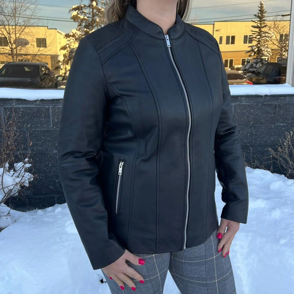 BOL Damen Paulina Gerippte Lederjacke mit SchulterdetailEX-STOCK Canada
