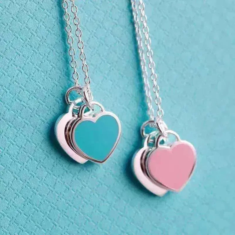 Collier double cœur en argent plaqué cuivre magnifique - EX-STOCK CANADA