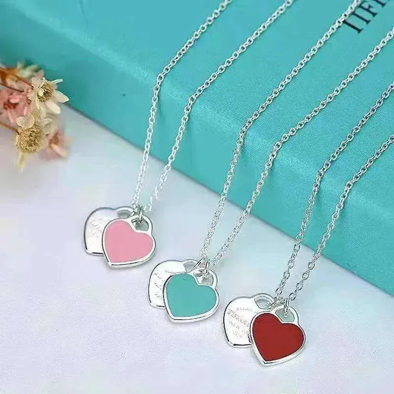 Collier double cœur en argent plaqué cuivre magnifique - EX-STOCK CANADA