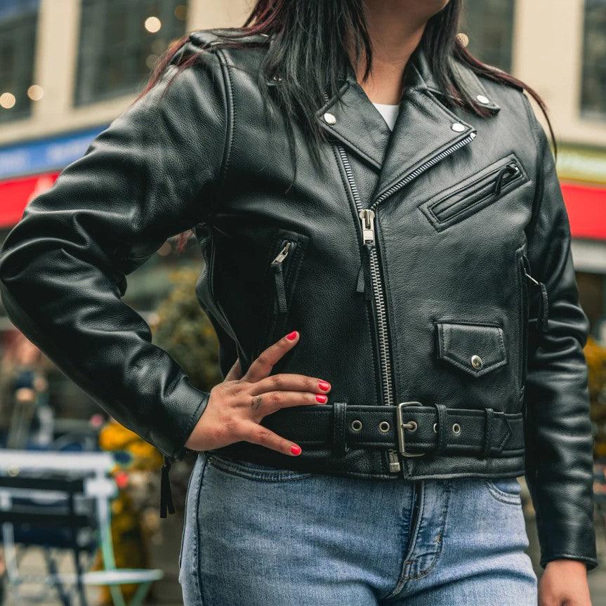 Chaqueta de cuero para mujer de motocicleta. Forro térmico acolchado y piel de vacaEX-STOCK Canada