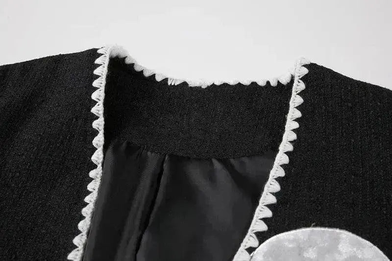 Black And White Splicing Velvet V-neck Overlapping Coat Color Contrast Skirt Suit - EX-STOCK Canada