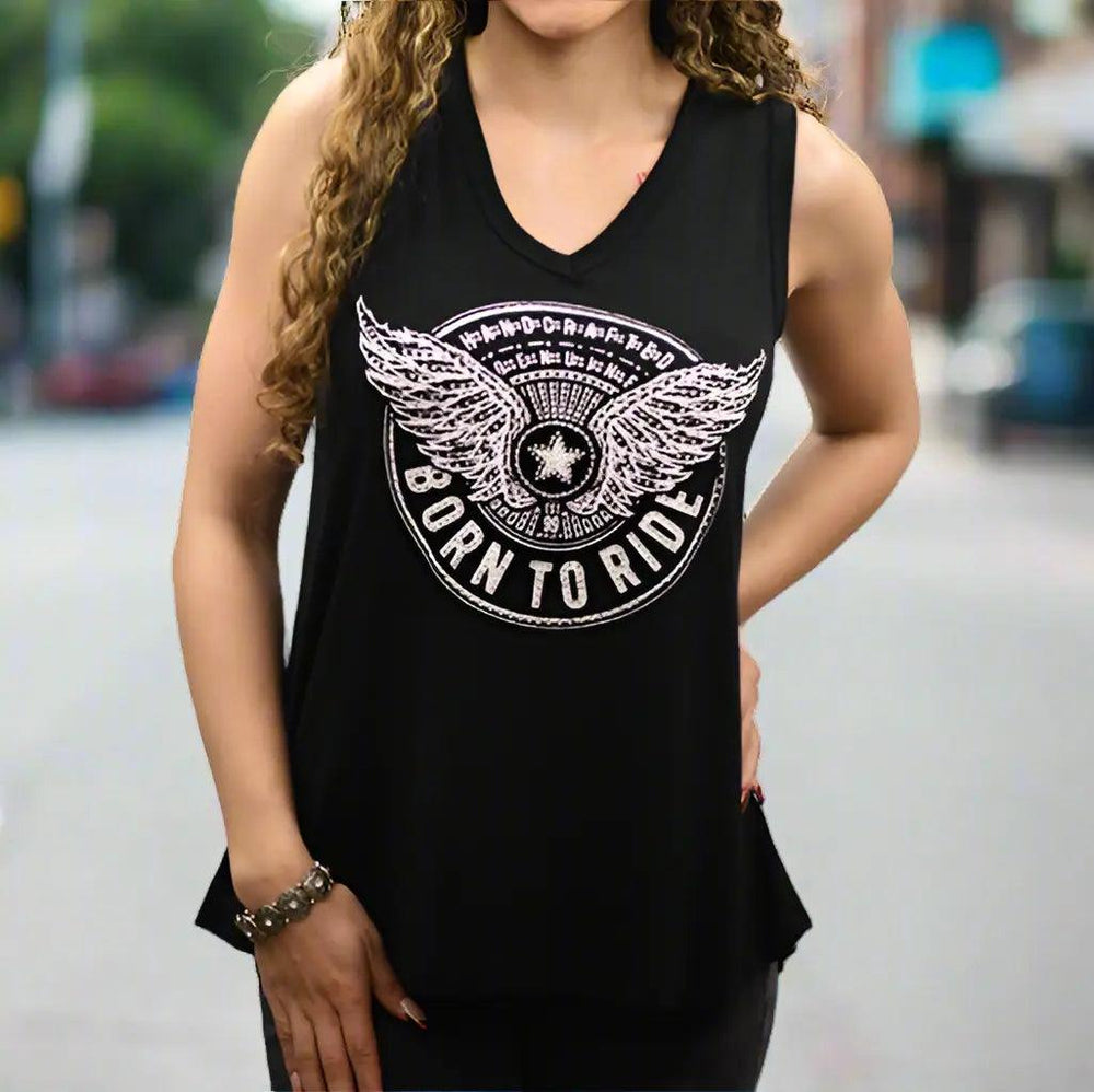 Born to Ride Tank with Star & Wings Graphic and Lace Back Details EX-STOCK Canada