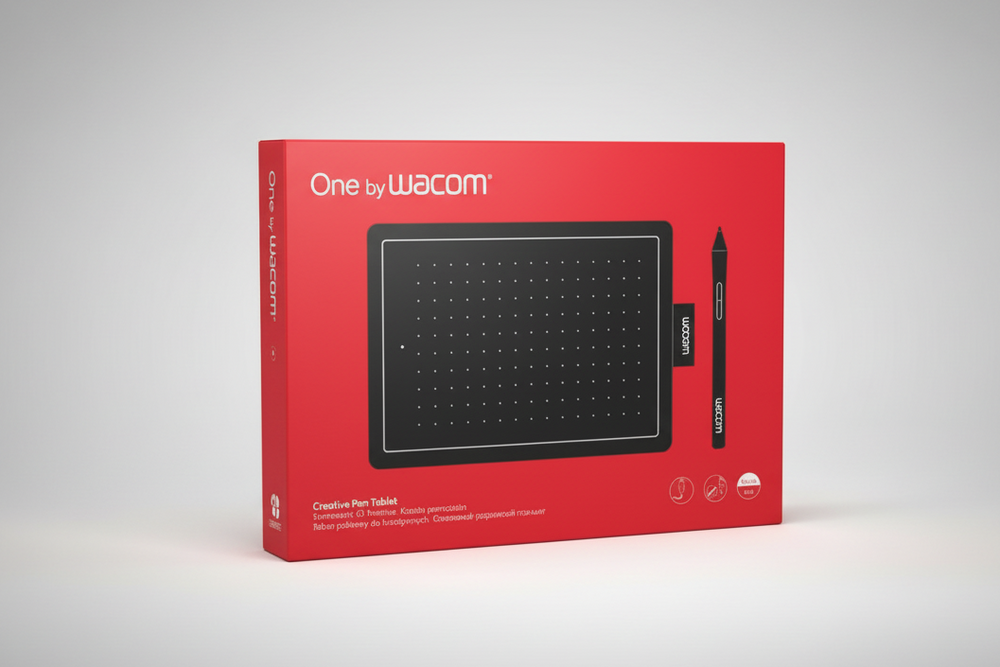 Boîte de vente au détail de la tablette graphique Wacom One par Wacom en rouge vif avec une illustration de la tablette noire et un graphique de stylet sur le devant, photographiée sur un fond studio gris clair.