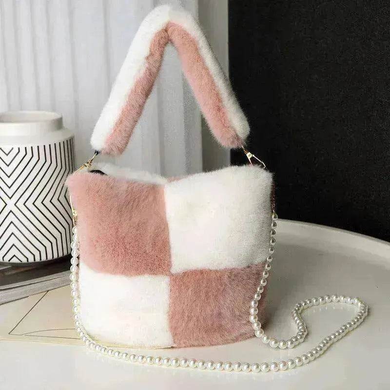 Checkerboard Plush Bucket Bag With Pearl Chain - EX-STOCK Canada