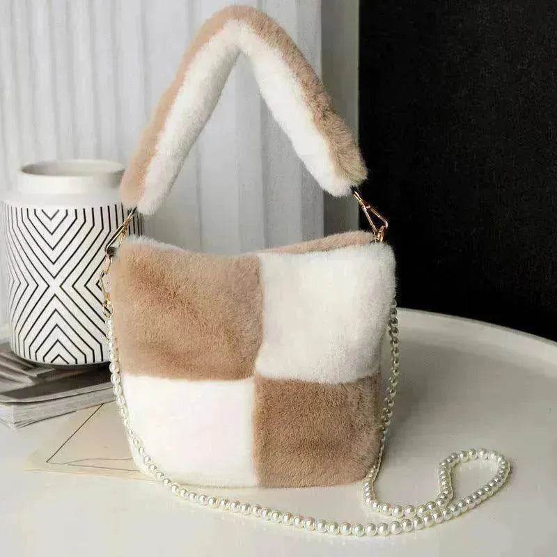 Checkerboard Plush Bucket Bag With Pearl Chain - EX-STOCK Canada