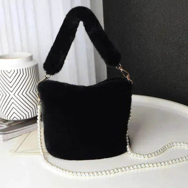 Checkerboard Plush Bucket Bag With Pearl Chain - EX-STOCK Canada