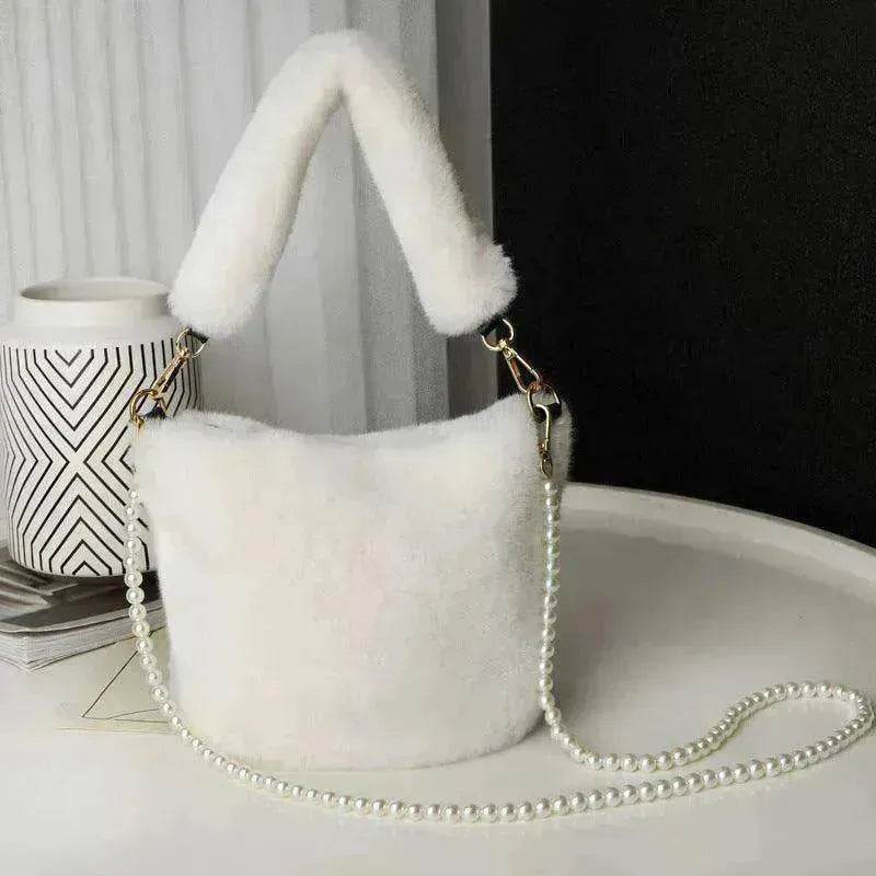 Checkerboard Plush Bucket Bag With Pearl Chain - EX-STOCK Canada