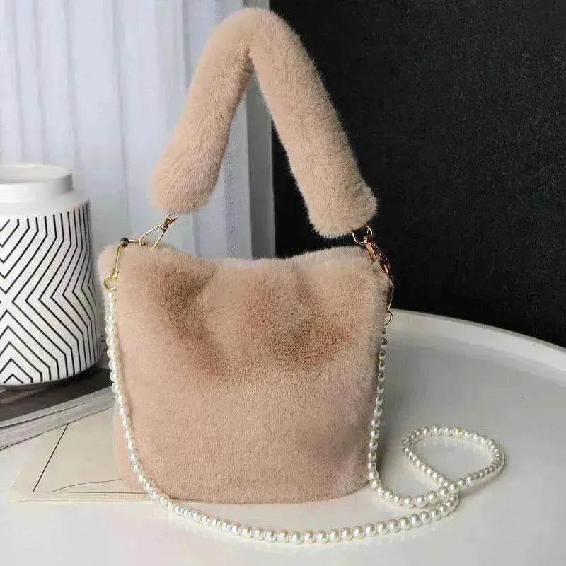 Checkerboard Plush Bucket Bag With Pearl Chain - EX-STOCK Canada