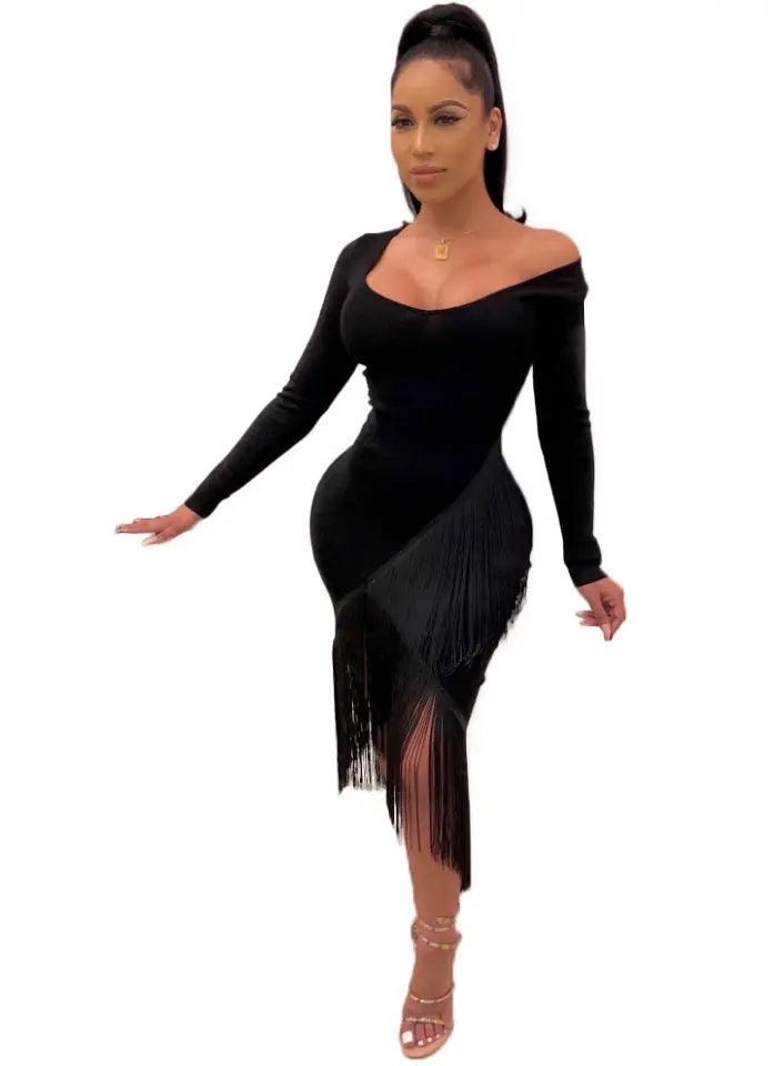 Chic Long Sleeve Tassel Fringed Bodycon Dress - EX-STOCK Canada