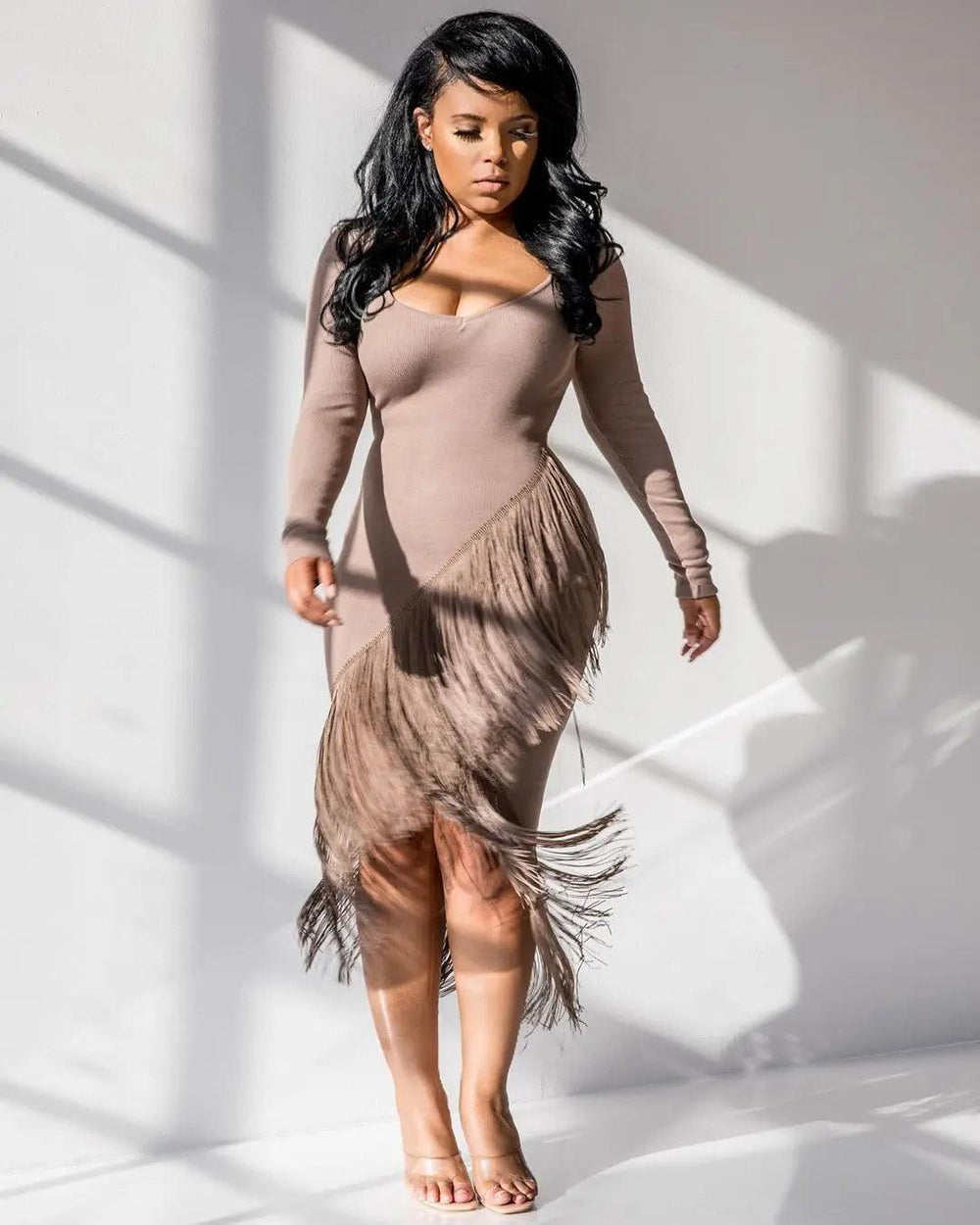 Chic Long Sleeve Tassel Fringed Bodycon Dress - EX-STOCK Canada
