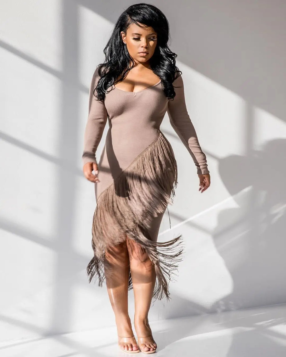 Chic Long Sleeve Tassel Fringed Bodycon Dress - EX-STOCK Canada