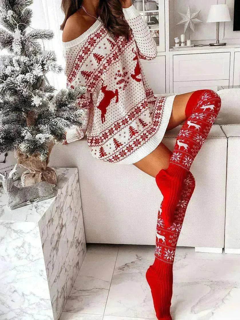 Christmas Knitted Cotton Woolen Thigh-High Deer Socks - EX-STOCK Canada