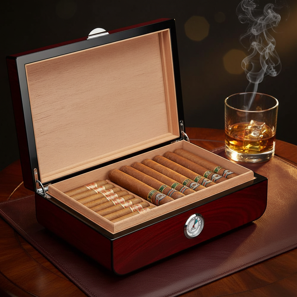 Cedar Wood Cigar Humidor Box – 48 Cigar Capacity | Red & Ebony