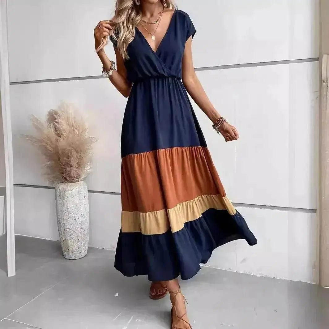 Color Block Pleated V-neck Dress Casual Polo Collar - EX-STOCK Canada