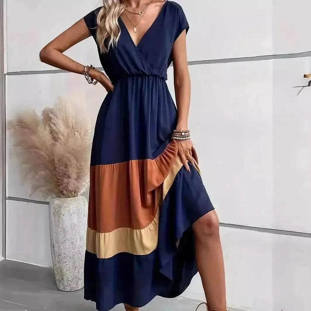 Color Block Pleated V-neck Dress Casual Polo Collar - EX-STOCK Canada