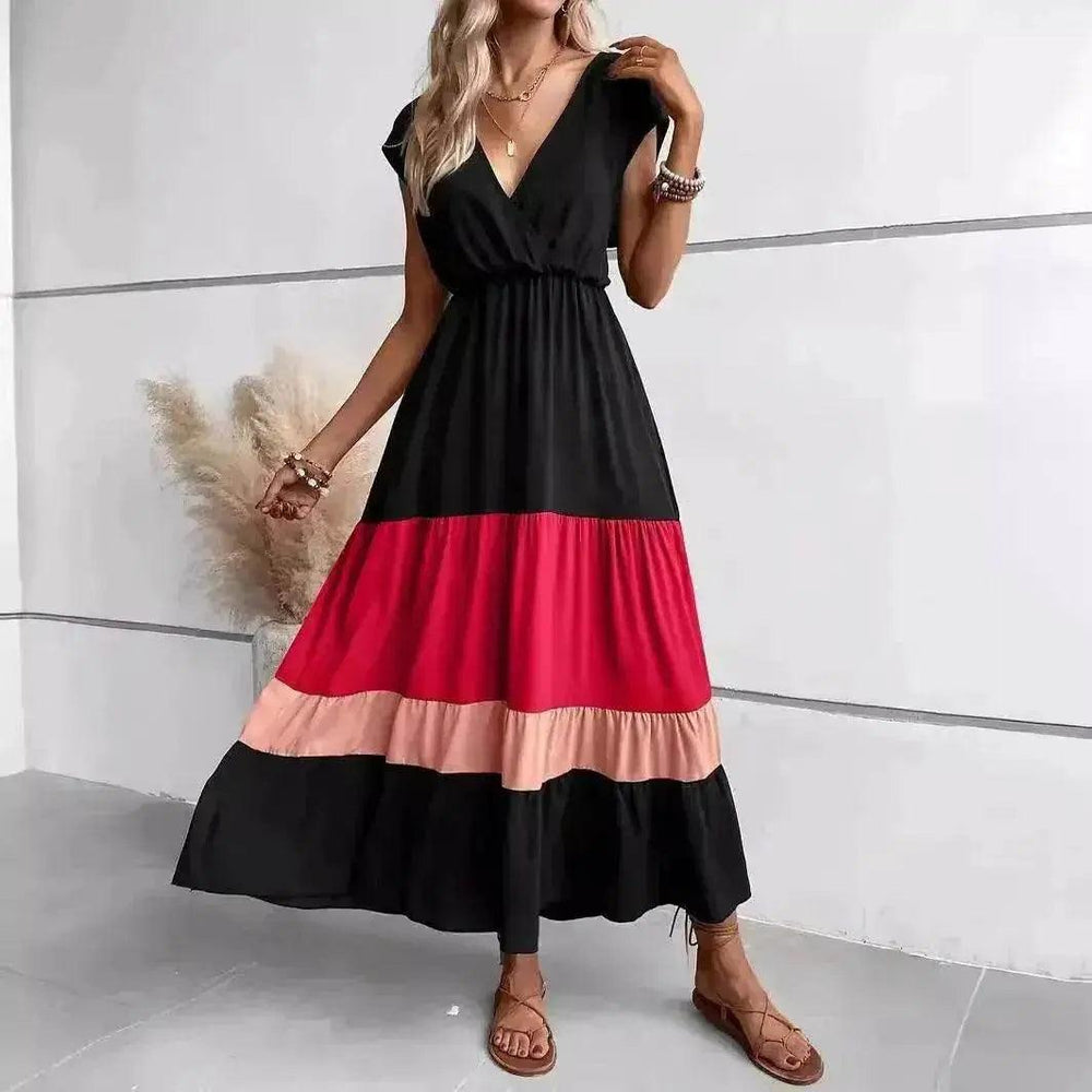 Color Block Pleated V-neck Dress Casual Polo Collar - EX-STOCK Canada