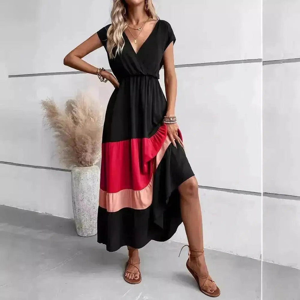 Color Block Pleated V-neck Dress Casual Polo Collar - EX-STOCK Canada