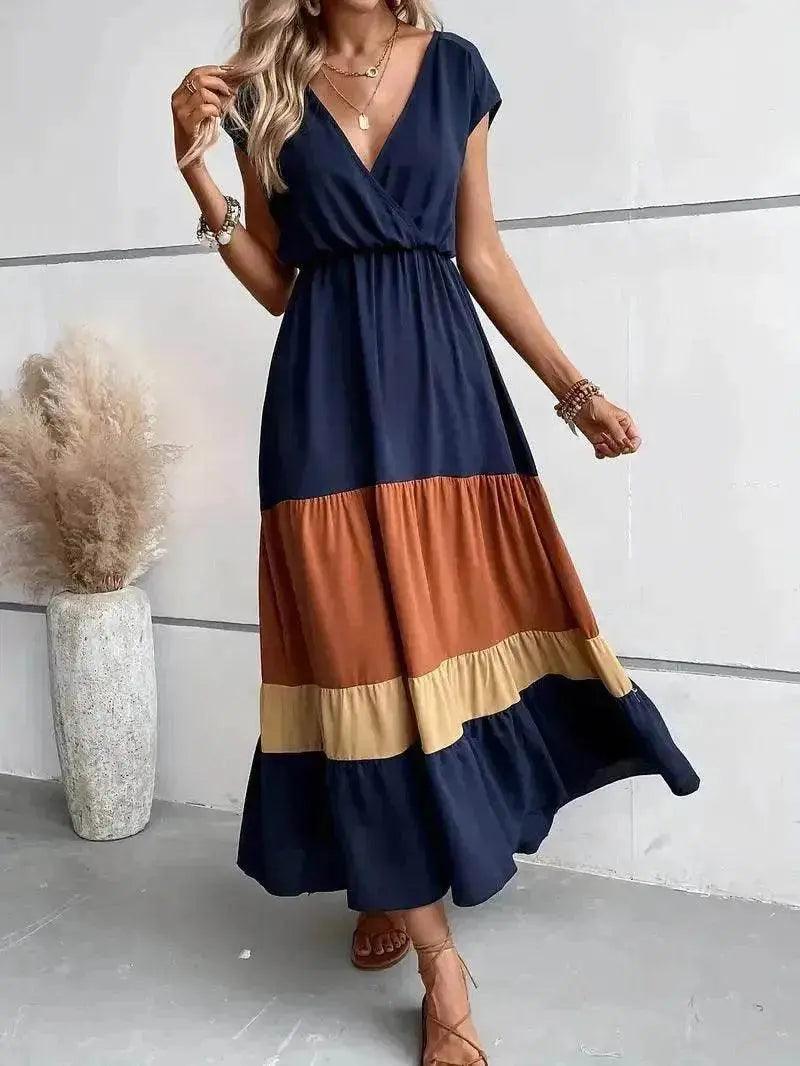 Color Block Pleated V-neck Dress Casual Polo Collar - EX-STOCK Canada