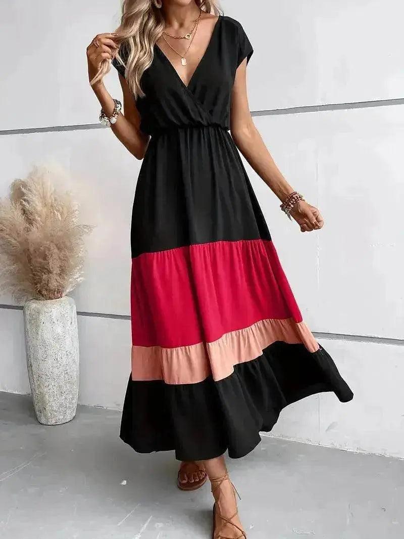 Color Block Pleated V-neck Dress Casual Polo Collar - EX-STOCK Canada